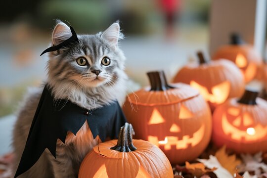 Cat in costume poses with pumpkins outdoors at Halloween for celebration events