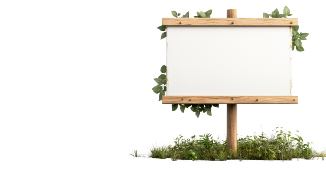 Blank signboard surrounded by plants on a transparent background