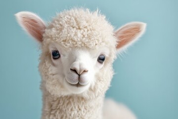 Obraz premium Young fluffy alpaca with a gentle expression against a soft blue background