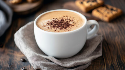 Creamy cappuccino with cocoa on wooden table near biscuits