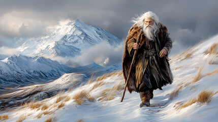 An old traveler with a fur cloak and staff treks through a snowy mountain. His long white hair flows in the wind as he journeys through a vast and rugged landscape.