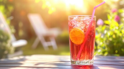 A tall glass of colorful kids drink, topped with ice cubes and a fun straw, placed on a sunny outdoor table with ample room for text or branding.