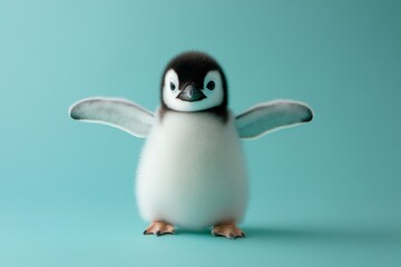 Fototapeta premium Cute baby penguin stands with wings outstretched against a soft blue background