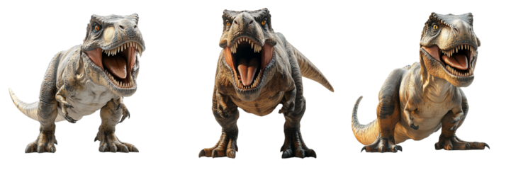 Fierce t-rex dinosaurs on a transparent background dynamic action scene