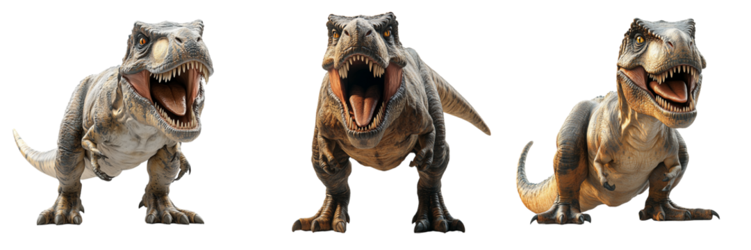 Fierce t-rex dinosaurs on a transparent background dynamic action scene