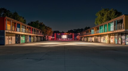 Obraz premium A wide-angle view of an empty music festival site at night, with colorful lights and a stage in the distance, offering space for event details or branding.