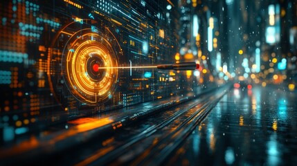 Futuristic cityscape interface with targeting system