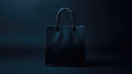 Black matte shopping bag with rope handles set against a dark gradient background. Elegant and luxurious, offering plenty of copy space for customization.