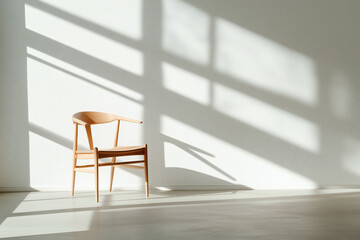 Wooden chair by a white wall with sunlight shadows