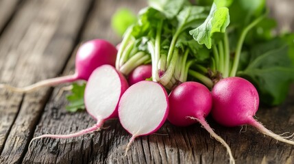 Rustic still life of freshly sliced radishes on a wooden table with vibrant red and white colors, showcasing crisp texture and organic farm-to-table aesthetic in a close-up view, perfect for healthy e