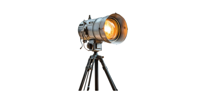 Vintage spotlight on tripod stand isolated on transparent background