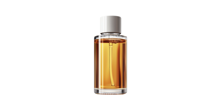Glass perfume bottle with amber liquid isolated on transparent background