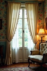 Fototapeta premium Delicate lace curtains hanging in a vintage room with ornate wallpaper and a old-fashioned lamp, room, lamp, delicate