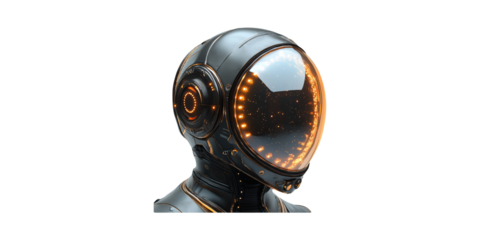 Futuristic sci-fi spacesuit helmet with led lights isolated on transparent background
