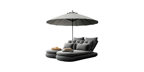Outdoor gray lounger with cushions and parasol isolated on transparent background