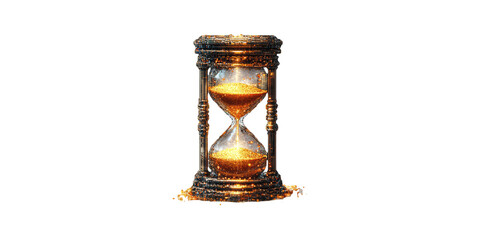 Ornate hourglass filled with golden sand isolated on transparent background