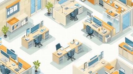 Fototapeta premium Modern Office Workspace Design with Desks and Workstations