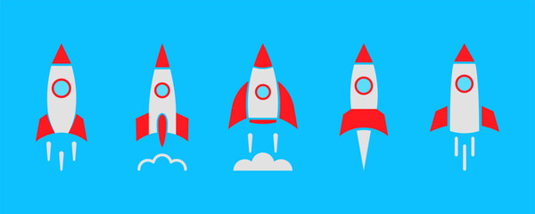 Set of colored rocket on blue background. Launch spaceship or spacecraft. Rocket fast flying for sky. New business start up. 