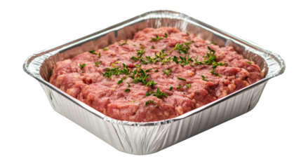 raw minced meat in aluminum container isolated on white background