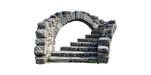 Ancient stone staircase and arch isolated on transparent background