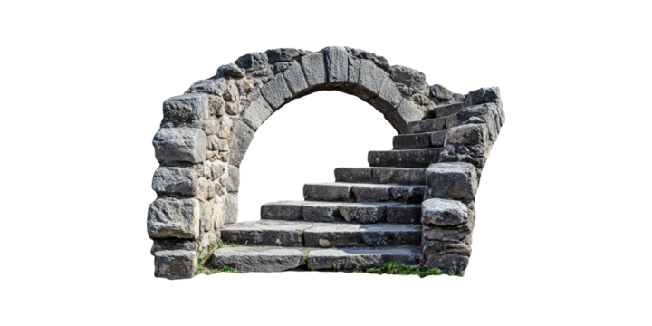 Ancient stone staircase and arch isolated on transparent background