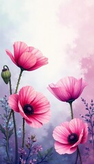Dreamy backdrop featuring watercolor poppies in shades of pink and purple, anniversary, flowers, artwork