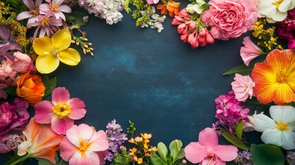 Floral Frame: Blooming Spring Flowers on Dark Teal 