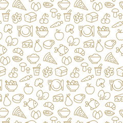 Food background, seamless pattern. Healthy eating - tomato, garlic, carrot, pepper, broccoli, cucumber line icons. Farm grocery store vector illustration