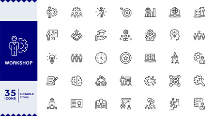 Workshop set of web icons. Containing team building, teamwork, coaching, meeting, managing, coaching, Versatile Workshop Icon Collection