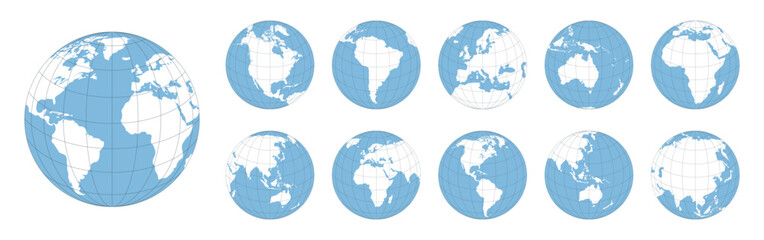 World globe maps set. Europe, Asia, North and South America, Oceania, Africa globe maps. Earth globe icons isolated on white background. Minimalist 3D globe icons set with grid. Vector illustration. © Denys Holovatiuk
