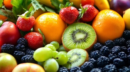 Vibrant assortment of fresh fruits and vegetables displayed on a rustic wooden table, featuring colorful organic produce including apples, oranges, grapes, tomatoes, peppers, and leafy greens for a he