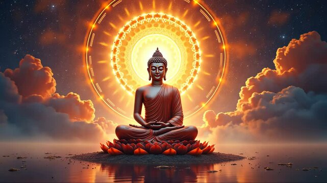 Buddha Purnima, Vesak day. Buddhist monk is sitting in a lotus position in front of a large circle. The circle is surrounded by clouds and the sky is filled with stars