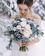 Winter Bride in Snowy Forest – Elegant Wedding Scene in Crisp Air Palette