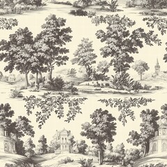 Serene Landscape Pattern with Trees and Architectural Elements