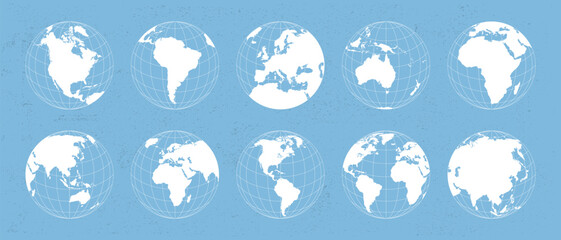 World globes maps set. Europe, Asia, North and South America, Oceania, Africa globe maps. Earth globe icons isolated on blue background. Vector illustration. © Denys Holovatiuk
