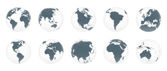 World globes icons. Europe, Asia, North America, South America, Oceania, Africa globe maps. 3d Earth globe icons isolated on white background. Vector illustration. © Denys Holovatiuk