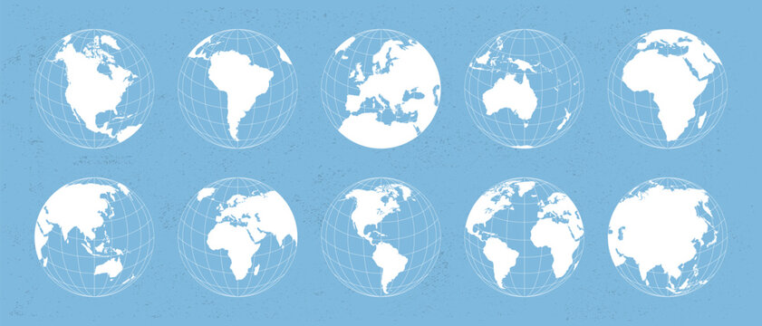 World globes maps set. Europe, Asia, North and South America, Oceania, Africa globe maps. Earth globe icons isolated on blue background. Vector illustration.