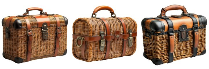 Vintage wicker bags on a transparent background craftsmanship showcase