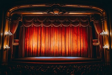 A grand theater stage is set with red curtains and audience