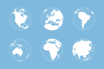 Set of 6 globes icons. North America, Europe, South America, Oceania, Asia, Africa. Earth globe icons isolated on blue background. Vector illustration