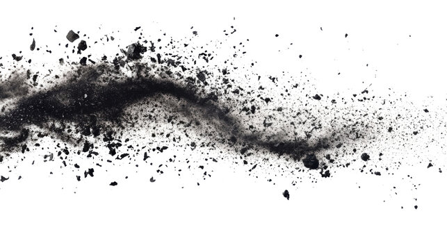 Black cigarette ash flying isolated on white background
