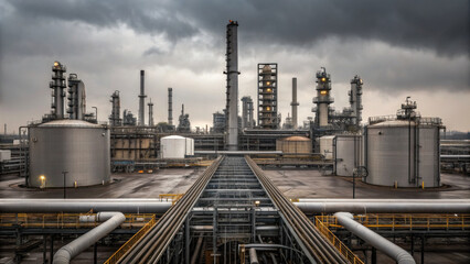 Obraz premium panoramic view of oil refinery complex under cloudy sky, showcasing large storage tanks and industrial structures. scene conveys sense of scale and industrial activity