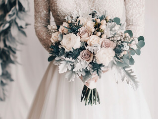 Close-Up of Bridal Bouquet with Winter Decorations – Elegant Seasonal Wedding Detail