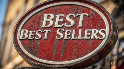 Vintage "Best Sellers" Sign on a Wooden Storefront - A close-up of a rustic red and gold "Best Sellers" sign on a vintage wooden storefront.