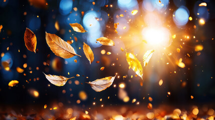 Falling leaves create magical atmosphere in sunlit forest, capturing essence of autumn. warm colors and soft light evoke sense of tranquility and beauty