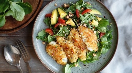 Crispy Fish Fillets Served on Fresh Salad with Avocado, Cherry Tomatoes, and Nuts on Rustic Wooden Table