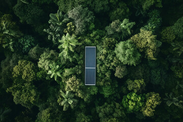 Solar panel amidst lush green treetop canopy