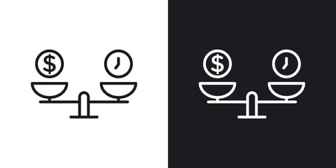 Time and money scale icons set in black and white stroke lines