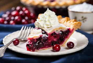 Juicy Cranberry-Blueberry Pie Slice Served on a White Plate with a Decorative Napkin