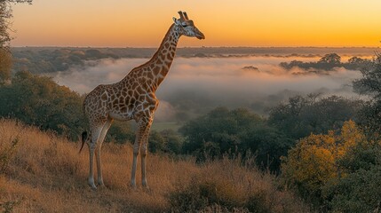 Obraz premium Giraffe at sunrise over mist-shrouded landscape